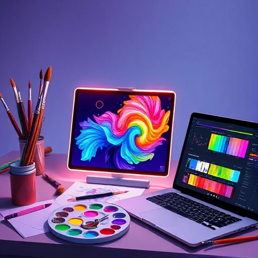 A vibrant digital illustration of an artist's workspace featuring a glowing tablet displaying colorful digital art, surrounded by paintbrushes, a palette with mixed pigments, and a laptop showing the TVIColor interface with intuitive color sliders and swatches, all rendered in a clean, modern, high-detail style with soft lighting and a focus on creativity and precision