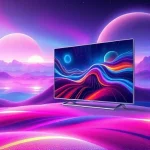 A vibrant, futuristic landscape with glowing horizons, abstract color waves, and a sleek, modern TV screen displaying dynamic patterns of light and color, symbolizing exploration and innovation, in a clean, high-detail digital art style