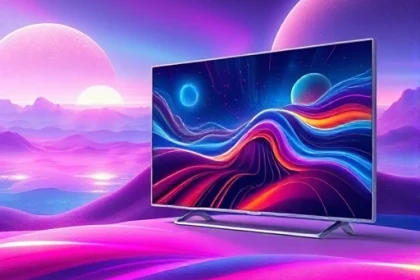 A vibrant, futuristic landscape with glowing horizons, abstract color waves, and a sleek, modern TV screen displaying dynamic patterns of light and color, symbolizing exploration and innovation, in a clean, high-detail digital art style