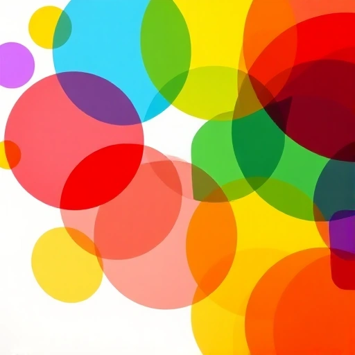 A vibrant, abstract representation of color theory with overlapping translucent circles in primary and secondary colors (red, blue, yellow, green, orange, purple) forming a dynamic, harmonious pattern on a soft white background, subtle light flares and gentle gradients enhancing depth, no text, no logos, no people, no objects, purely geometric and chromatic
