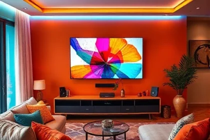 A vibrant living room with a large flat-screen TV displaying colorful abstract art, surrounded by walls painted in bold complementary colors like teal and orange, colorful throw pillows on a modern sofa, a geometric rug, and ambient LED strip lighting along the ceiling edges, all in a cozy yet lively atmosphere