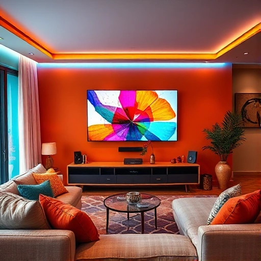 A vibrant living room with a large flat-screen TV displaying colorful abstract art, surrounded by walls painted in bold complementary colors like teal and orange, colorful throw pillows on a modern sofa, a geometric rug, and ambient LED strip lighting along the ceiling edges, all in a cozy yet lively atmosphere