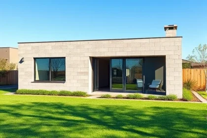 A modern single-story house made of light gray gas concrete blocks with large windows, a green lawn, and a clear blue sky, showing the exterior facade and a small garden area, style smallHQ