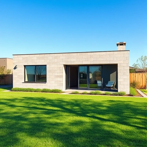A modern single-story house made of light gray gas concrete blocks with large windows, a green lawn, and a clear blue sky, showing the exterior facade and a small garden area, style smallHQ
