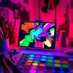 A vibrant digital artist's workspace with a glowing tablet displaying colorful abstract art, surrounded by paintbrushes, a palette with vivid TVIColor-inspired hues (electric blue, magenta, lime green), soft ambient lighting, and subtle light flares — conveying creativity and elevation in artistry