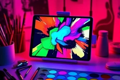 A vibrant digital artist's workspace with a glowing tablet displaying colorful abstract art, surrounded by paintbrushes, a palette with vivid TVIColor-inspired hues (electric blue, magenta, lime green), soft ambient lighting, and subtle light flares — conveying creativity and elevation in artistry