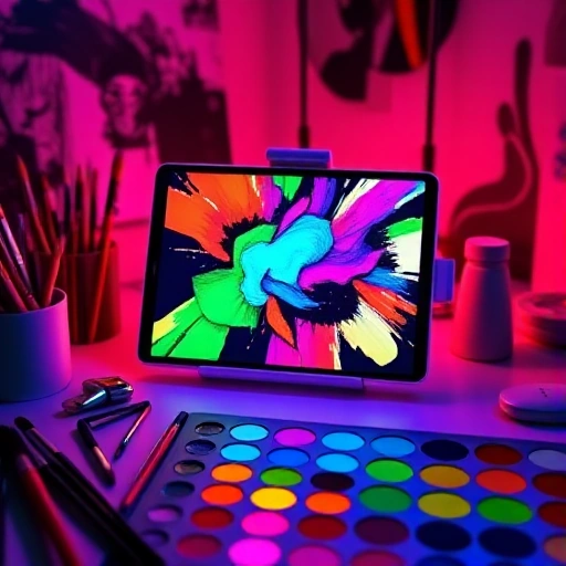 A vibrant digital artist's workspace with a glowing tablet displaying colorful abstract art, surrounded by paintbrushes, a palette with vivid TVIColor-inspired hues (electric blue, magenta, lime green), soft ambient lighting, and subtle light flares — conveying creativity and elevation in artistry