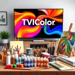 A vibrant, high-resolution digital illustration showcasing a diverse array of colorful, high-quality art supplies including premium paints, brushes, and canvases arranged artistically on a wooden table, with a modern TV screen in the background displaying the TVIColor logo and dynamic color swirls, emphasizing creativity and masterpiece creation