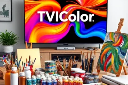 A vibrant, high-resolution digital illustration showcasing a diverse array of colorful, high-quality art supplies including premium paints, brushes, and canvases arranged artistically on a wooden table, with a modern TV screen in the background displaying the TVIColor logo and dynamic color swirls, emphasizing creativity and masterpiece creation