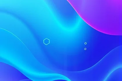A vibrant, abstract digital artwork featuring flowing gradients of teal, violet, and indigo forming fluid, wave-like patterns that suggest motion and energy. Subtle geometric shapes — hexagons and soft-edged circles — float within the composition, glowing faintly with inner light. No text, symbols, or recognizable objects. The atmosphere is futuristic yet serene, evoking the feeling of exploring color possibilities in a digital spectrum. High detail, smooth transitions, 8K resolution, cinematic