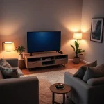 A cozy living room with a modern flat-screen TV on a minimalist media console, surrounded by a comfortable sofa and a plush rug. Soft ambient lighting from floor lamps creates a warm atmosphere. A small side table holds a streaming device and a cup of tea. The room is decorated with subtle plant accents and a framed abstract painting. The scene conveys a relaxed, high-quality TV viewing experience.