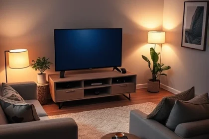 A cozy living room with a modern flat-screen TV on a minimalist media console, surrounded by a comfortable sofa and a plush rug. Soft ambient lighting from floor lamps creates a warm atmosphere. A small side table holds a streaming device and a cup of tea. The room is decorated with subtle plant accents and a framed abstract painting. The scene conveys a relaxed, high-quality TV viewing experience.