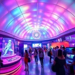 A vibrant, futuristic entertainment hub blending advanced technology with colorful visual experiences — featuring holographic displays, interactive light installations, neon-lit pathways, and diverse people enjoying immersive AR/VR games and digital art exhibits, all under a sleek, modern architectural dome with flowing rainbow gradients and soft ambient glows