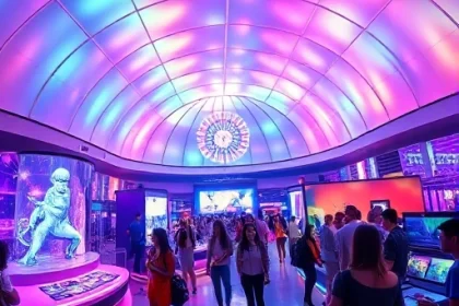 A vibrant, futuristic entertainment hub blending advanced technology with colorful visual experiences — featuring holographic displays, interactive light installations, neon-lit pathways, and diverse people enjoying immersive AR/VR games and digital art exhibits, all under a sleek, modern architectural dome with flowing rainbow gradients and soft ambient glows