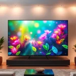 A futuristic television display with vibrant, ultra-high-definition colors, showing a dynamic nature scene with glowing flora and flowing light particles, sleek minimalist frame, ambient soft lighting in a modern living room setting, ultra-detailed, cinematic lighting, 8K resolution