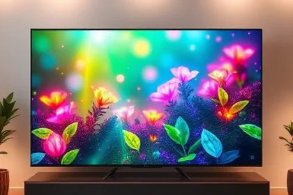 A futuristic television display with vibrant, ultra-high-definition colors, showing a dynamic nature scene with glowing flora and flowing light particles, sleek minimalist frame, ambient soft lighting in a modern living room setting, ultra-detailed, cinematic lighting, 8K resolution