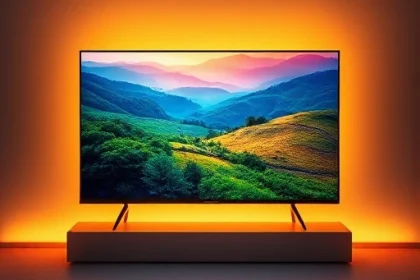 A sleek, modern television set displayed on a minimalist stand, its screen glowing with a vibrant, high-definition image that showcases a dramatic color enhancement effect. The image on the screen features a lush landscape with rich, saturated colors—deep blues, vivid greens, and warm golds—highlighting the contrast and clarity achieved by TVIColor technology. Subtle, stylized color gradients flow across the screen, creating a sense of depth and dynamic visual quality, while the background remai
