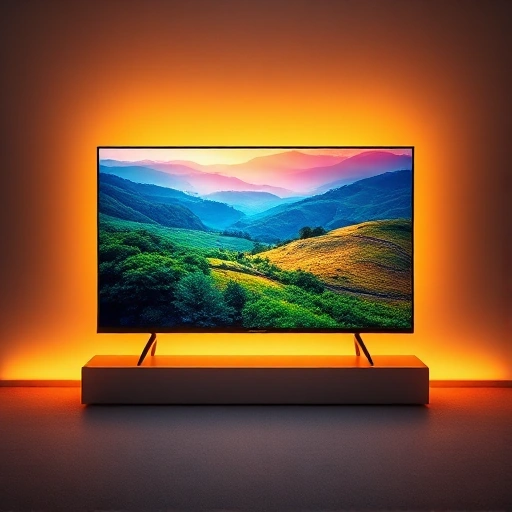 A sleek, modern television set displayed on a minimalist stand, its screen glowing with a vibrant, high-definition image that showcases a dramatic color enhancement effect. The image on the screen features a lush landscape with rich, saturated colors—deep blues, vivid greens, and warm golds—highlighting the contrast and clarity achieved by TVIColor technology. Subtle, stylized color gradients flow across the screen, creating a sense of depth and dynamic visual quality, while the background remai