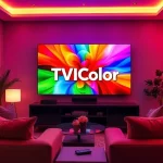 A vibrant, modern living room scene featuring a sleek television displaying colorful, high-definition entertainment content, with the text 'TVIColor' subtly integrated into the screen's design, surrounded by comfortable seating and ambient lighting that highlights the vivid colors and clarity of the display