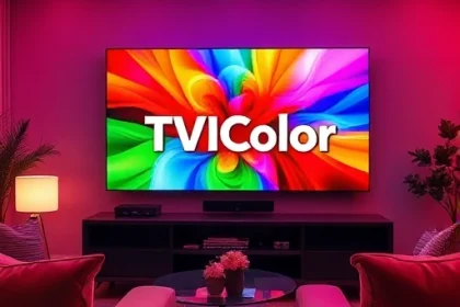 A vibrant, modern living room scene featuring a sleek television displaying colorful, high-definition entertainment content, with the text 'TVIColor' subtly integrated into the screen's design, surrounded by comfortable seating and ambient lighting that highlights the vivid colors and clarity of the display