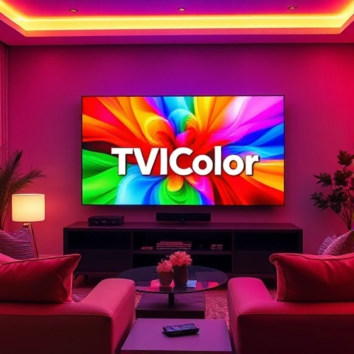 A vibrant, modern living room scene featuring a sleek television displaying colorful, high-definition entertainment content, with the text 'TVIColor' subtly integrated into the screen's design, surrounded by comfortable seating and ambient lighting that highlights the vivid colors and clarity of the display