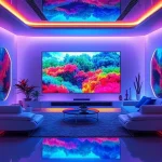 A futuristic living room with a large, vibrant TV screen displaying a colorful, high-definition nature scene with vivid blues, greens, and reds, surrounded by sleek modern furniture and ambient lighting that enhances the color experience, no text or logos visible