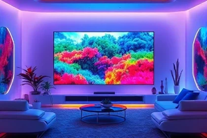 A futuristic living room with a large, vibrant TV screen displaying a colorful, high-definition nature scene with vivid blues, greens, and reds, surrounded by sleek modern furniture and ambient lighting that enhances the color experience, no text or logos visible