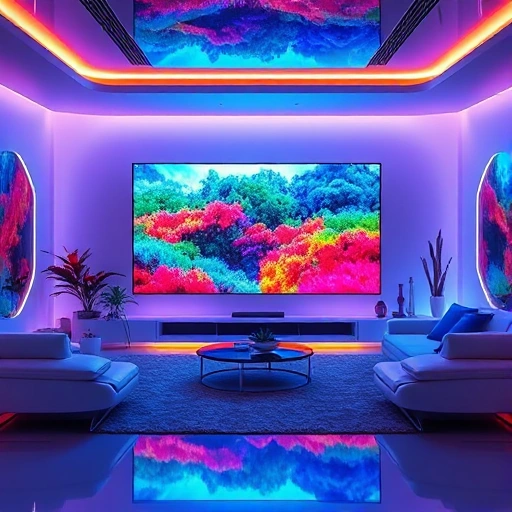 A futuristic living room with a large, vibrant TV screen displaying a colorful, high-definition nature scene with vivid blues, greens, and reds, surrounded by sleek modern furniture and ambient lighting that enhances the color experience, no text or logos visible