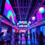 A vibrant, futuristic entertainment hub blending advanced technology with colorful visuals: holographic screens displaying dynamic rainbow patterns, neon-lit interactive installations, people of diverse ages enjoying immersive AR/VR experiences, sleek metallic architecture with glowing circuit-like accents, and floating orbs emitting soft multicolored light — all in a clean, high-detail, smallHQ style.