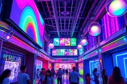 A vibrant, futuristic entertainment hub blending advanced technology with colorful visuals: holographic screens displaying dynamic rainbow patterns, neon-lit interactive installations, people of diverse ages enjoying immersive AR/VR experiences, sleek metallic architecture with glowing circuit-like accents, and floating orbs emitting soft multicolored light — all in a clean, high-detail, smallHQ style.