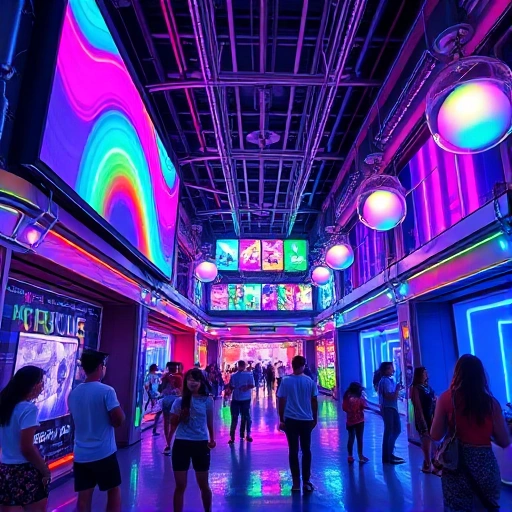 A vibrant, futuristic entertainment hub blending advanced technology with colorful visuals: holographic screens displaying dynamic rainbow patterns, neon-lit interactive installations, people of diverse ages enjoying immersive AR/VR experiences, sleek metallic architecture with glowing circuit-like accents, and floating orbs emitting soft multicolored light — all in a clean, high-detail, smallHQ style.