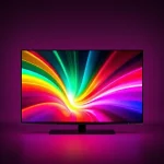 A futuristic TV screen displaying vibrant, dynamic colors with abstract light waves radiating outward, symbolizing innovation in display technology, sleek modern design, high contrast, no text or labels, minimalist background