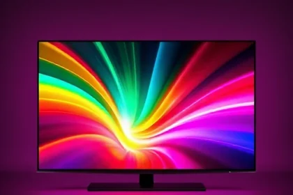 A futuristic TV screen displaying vibrant, dynamic colors with abstract light waves radiating outward, symbolizing innovation in display technology, sleek modern design, high contrast, no text or labels, minimalist background