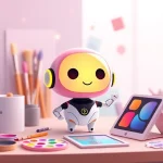A friendly, colorful AI companion character shaped like a small, floating orb with soft glowing edges, surrounded by artistic tools like paintbrushes, color palettes, and digital tablets, all in a whimsical, imaginative studio setting with floating pastel shapes and gentle light flares, conveying creativity and inspiration