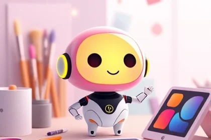 A friendly, colorful AI companion character shaped like a small, floating orb with soft glowing edges, surrounded by artistic tools like paintbrushes, color palettes, and digital tablets, all in a whimsical, imaginative studio setting with floating pastel shapes and gentle light flares, conveying creativity and inspiration