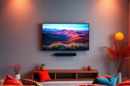 A cozy living room scene with a modern flat-screen TV on a minimalist wall, surrounded by a warm, vibrant color palette of deep blues, rich reds, and golden accents. A comfortable sofa with plush cushions in complementary colors, a small side table with a colorful plant, and subtle lighting that enhances the colors. The focus is on the TV screen displaying a colorful landscape or abstract art, inviting the viewer to elevate their TV time with color.