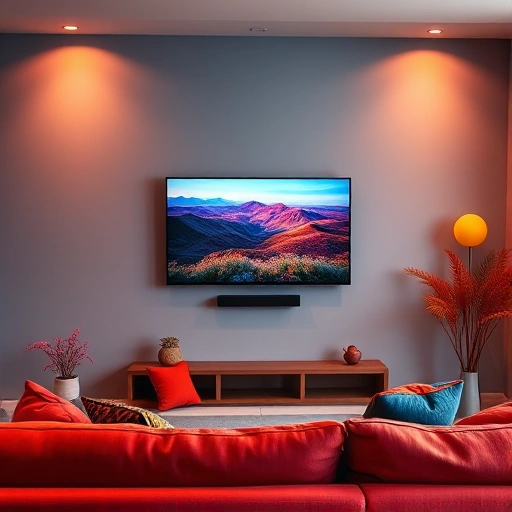 A cozy living room scene with a modern flat-screen TV on a minimalist wall, surrounded by a warm, vibrant color palette of deep blues, rich reds, and golden accents. A comfortable sofa with plush cushions in complementary colors, a small side table with a colorful plant, and subtle lighting that enhances the colors. The focus is on the TV screen displaying a colorful landscape or abstract art, inviting the viewer to elevate their TV time with color.