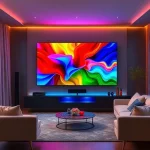 A modern living room with a vibrant, colorful TV screen displaying dynamic abstract patterns in red, blue, green, and yellow, surrounded by minimalist furniture and soft ambient lighting that enhances the colors, evoking a sense of elevated entertainment and visual joy