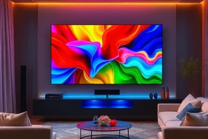 A modern living room with a vibrant, colorful TV screen displaying dynamic abstract patterns in red, blue, green, and yellow, surrounded by minimalist furniture and soft ambient lighting that enhances the colors, evoking a sense of elevated entertainment and visual joy