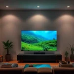 A modern living room with a sleek flat-screen TV displaying vibrant, lifelike colors, showing a dynamic nature scene with rich greens and blues to illustrate depth and color accuracy, soft ambient lighting enhancing the viewing experience, minimalist decor, high-resolution detail, cinematic composition