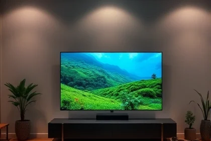 A modern living room with a sleek flat-screen TV displaying vibrant, lifelike colors, showing a dynamic nature scene with rich greens and blues to illustrate depth and color accuracy, soft ambient lighting enhancing the viewing experience, minimalist decor, high-resolution detail, cinematic composition