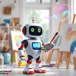 A friendly, colorful robot companion with a screen face displaying a warm smile, holding a paintbrush and palette, standing in a bright, creative studio filled with art supplies, canvases, and floating holographic color swirls, soft natural lighting, whimsical and inspiring atmosphere