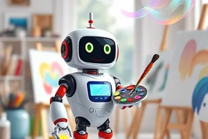 A friendly, colorful robot companion with a screen face displaying a warm smile, holding a paintbrush and palette, standing in a bright, creative studio filled with art supplies, canvases, and floating holographic color swirls, soft natural lighting, whimsical and inspiring atmosphere