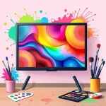 A vibrant, colorful illustration of a television screen displaying dynamic abstract patterns and gradients, surrounded by playful paint splatters, color swatches, and artistic tools like brushes and palettes, all in a clean, modern, high-quality smallHQ style with soft lighting and sharp details