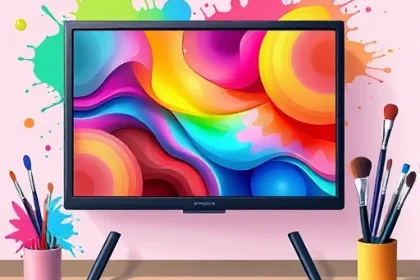 A vibrant, colorful illustration of a television screen displaying dynamic abstract patterns and gradients, surrounded by playful paint splatters, color swatches, and artistic tools like brushes and palettes, all in a clean, modern, high-quality smallHQ style with soft lighting and sharp details