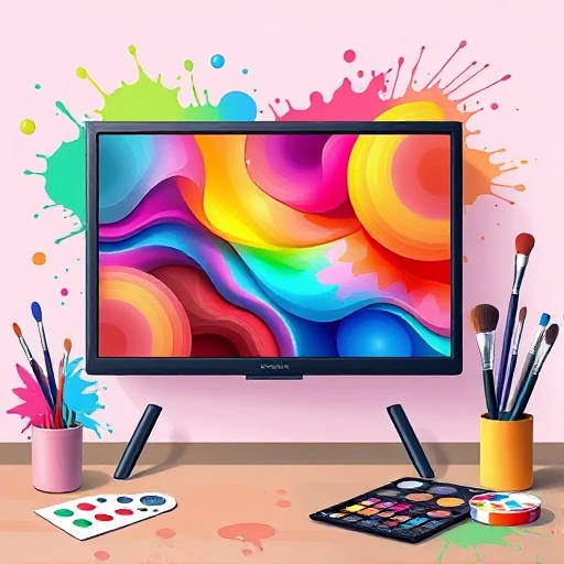 A vibrant, colorful illustration of a television screen displaying dynamic abstract patterns and gradients, surrounded by playful paint splatters, color swatches, and artistic tools like brushes and palettes, all in a clean, modern, high-quality smallHQ style with soft lighting and sharp details