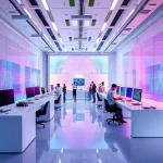 A futuristic design studio interior with sleek workstations, holographic color palettes, and designers collaborating on innovative projects, showcasing the transformative power of TVIColor technology