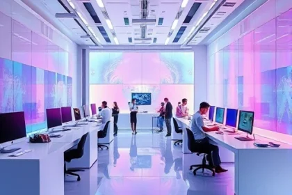 A futuristic design studio interior with sleek workstations, holographic color palettes, and designers collaborating on innovative projects, showcasing the transformative power of TVIColor technology