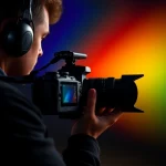 A professional photographer holding a high-end camera, adjusting color settings on a sleek digital interface with vibrant, accurate color gradients floating in the air around them, symbolizing mastery of TVIColor technology, modern studio lighting, shallow depth of field, ultra-detailed, 8K resolution