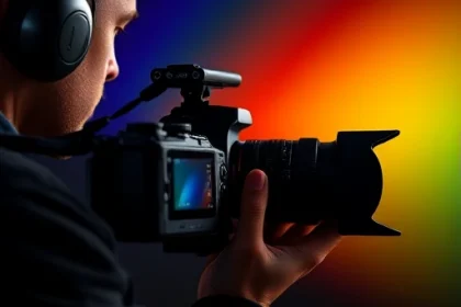 A professional photographer holding a high-end camera, adjusting color settings on a sleek digital interface with vibrant, accurate color gradients floating in the air around them, symbolizing mastery of TVIColor technology, modern studio lighting, shallow depth of field, ultra-detailed, 8K resolution